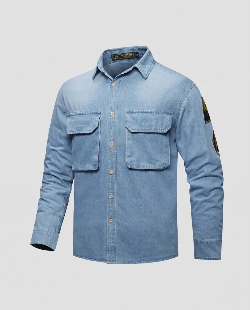 Männer Jeanshemdjacke mit doppelten Brustklappen und Ärmelpatches Nord Taschen