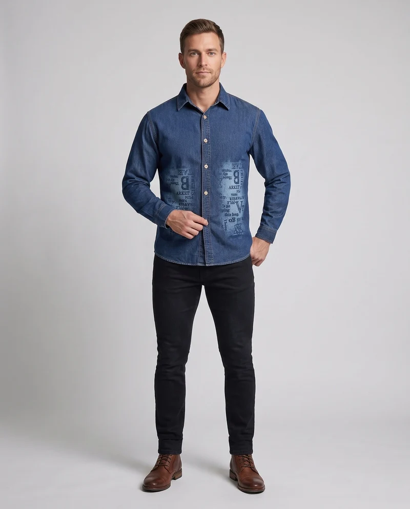 Herren-Denim-Hemd im Overshirt-Stil mit Allover-Druck und durchgehender Knopfleiste Nord Taschen