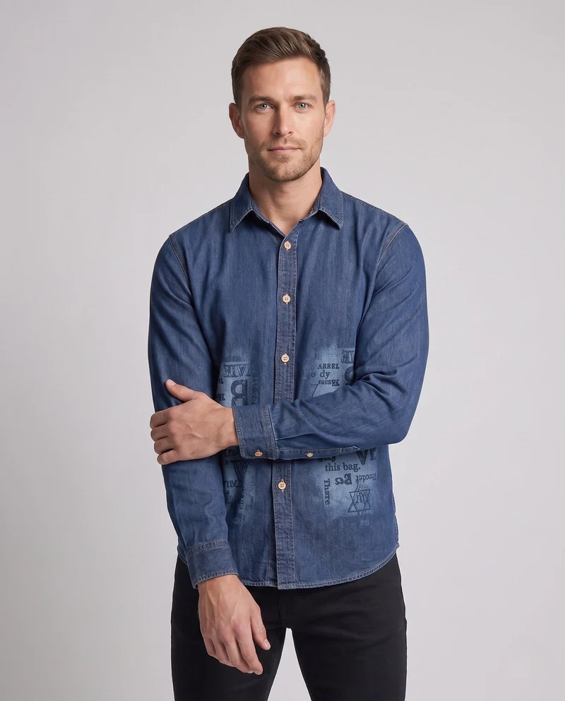 Herren-Denim-Hemd im Overshirt-Stil mit Allover-Druck und durchgehender Knopfleiste Nord Taschen