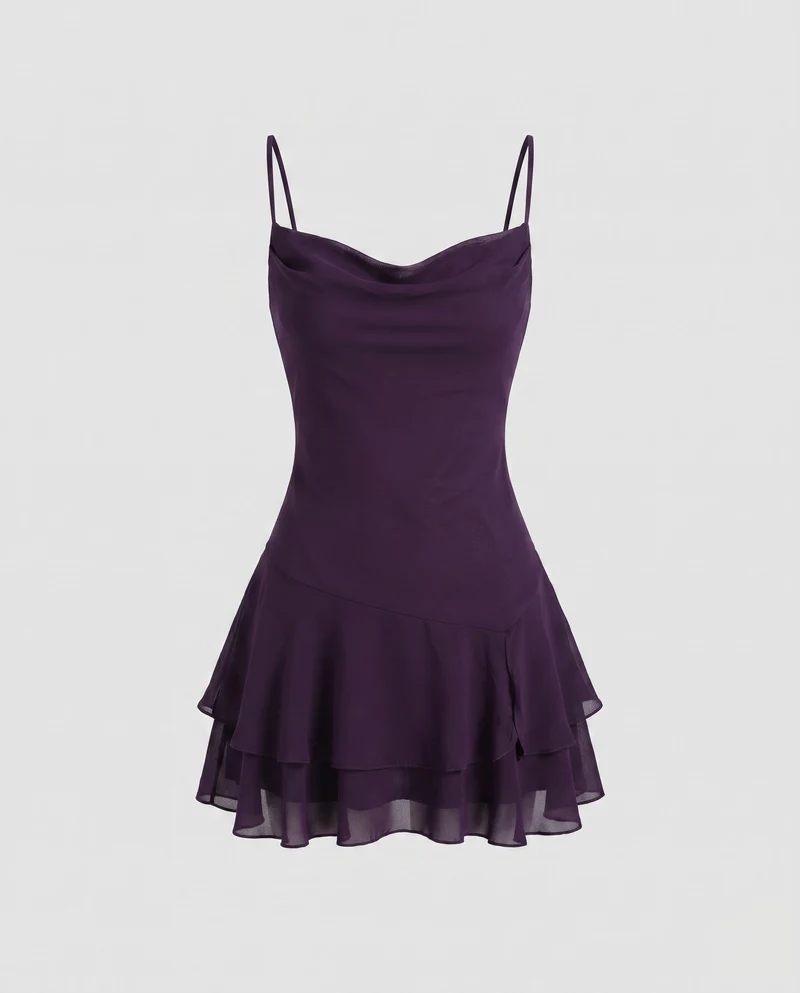 Damen Chiffon Minikleid mit voluminösem Rüschensaum und verführerischem V-Ausschnitt