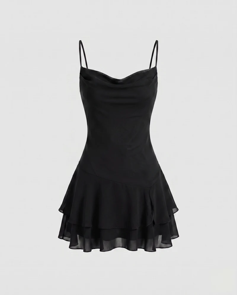 Damen Chiffon Minikleid mit voluminösem Rüschensaum und verführerischem V-Ausschnitt