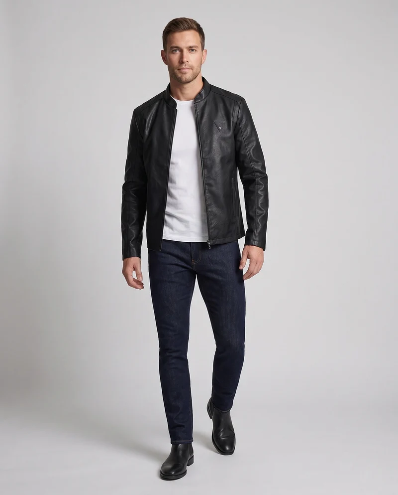 Herren Modische Kunstlederjacke mit Stehkragen und Reißverschluss Nord Taschen