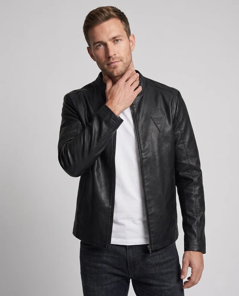 Herren Modische Kunstlederjacke mit Stehkragen und Reißverschluss Nord Taschen