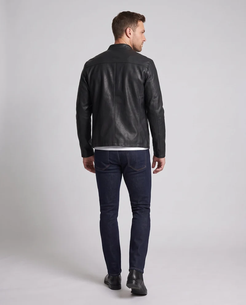Herren Modische Kunstlederjacke mit Stehkragen und Reißverschluss Nord Taschen