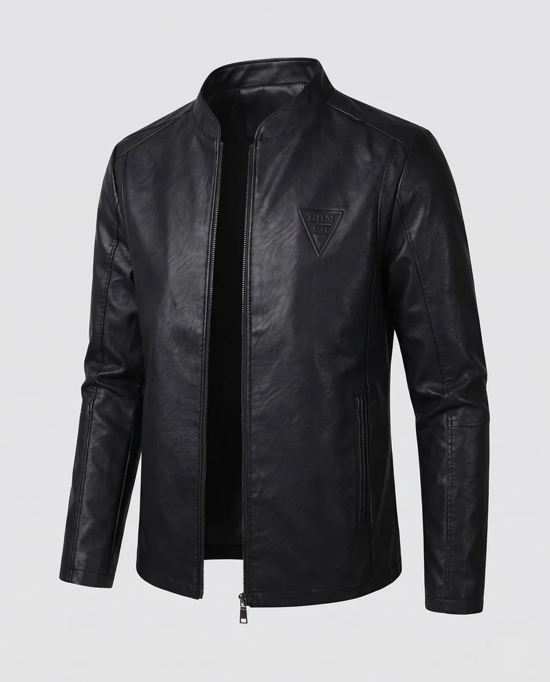 Herren Modische Kunstlederjacke mit Stehkragen und Reißverschluss Nord Taschen
