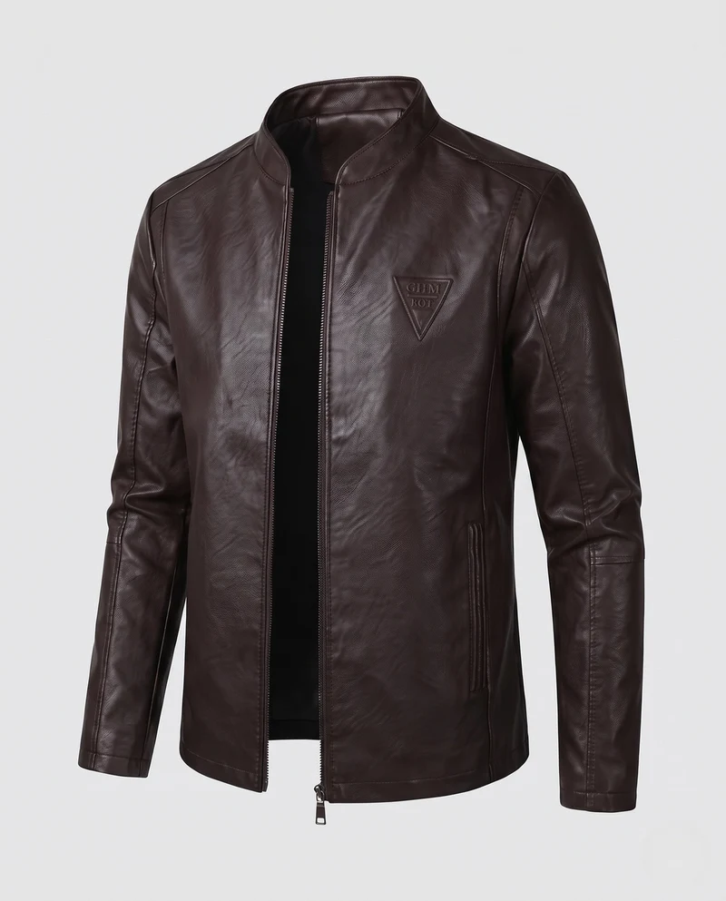 Herren Modische Kunstlederjacke mit Stehkragen und Reißverschluss Nord Taschen