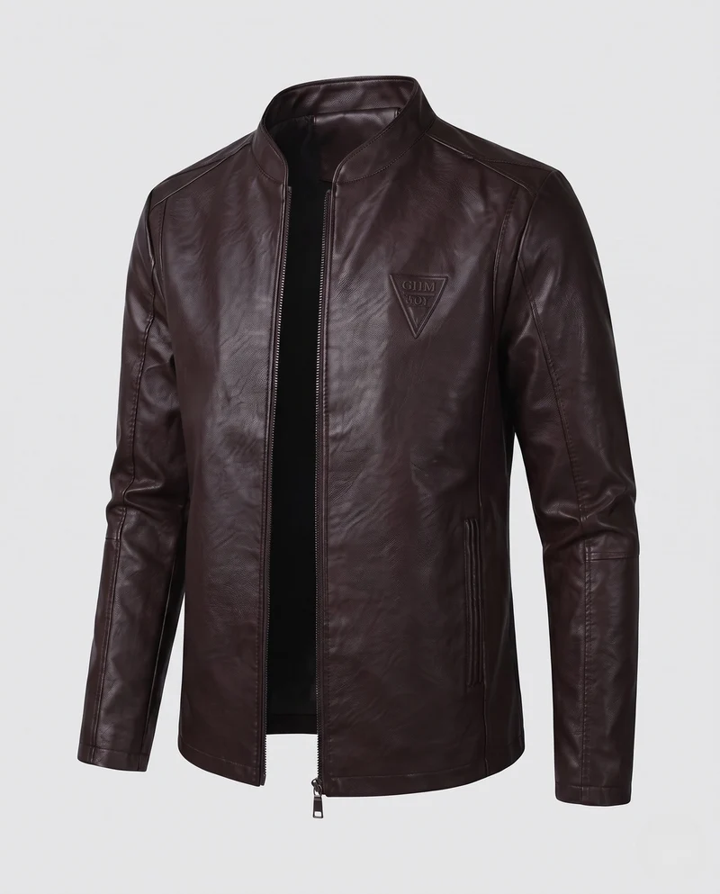 Herren Modische Kunstlederjacke mit Stehkragen und Reißverschluss Nord Taschen