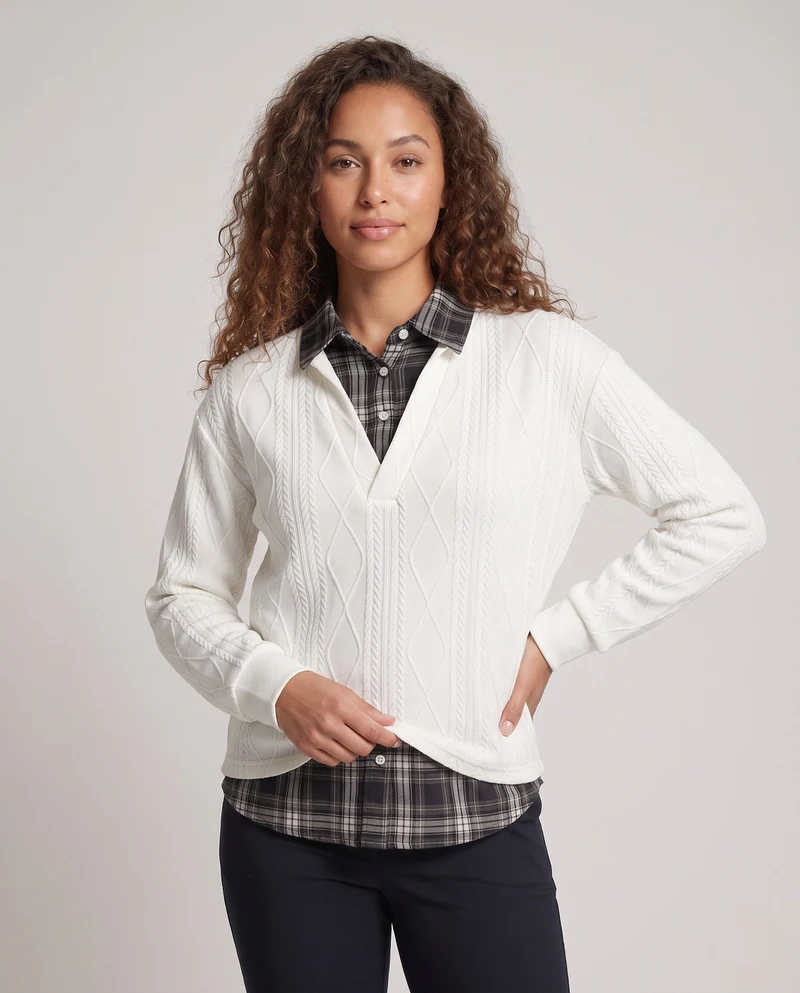 Damen Komfortabler Pullover mit integriertem Hemd Nord Taschen