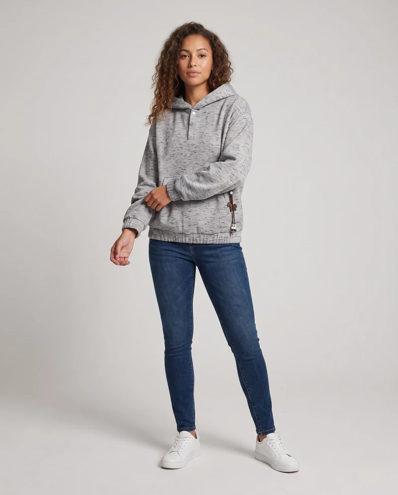 Damen Lässige Kapuzensweatshirt mit Knopfdetails Nord Taschen