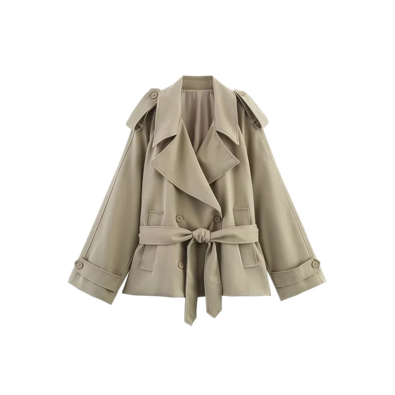 Damen Kurzer Trenchcoat mit Bindegürtel und Cape-Ärmeln Nord Taschen