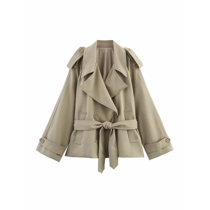 Damen Kurzer Trenchcoat mit Bindegürtel und Cape-Ärmeln Nord Taschen