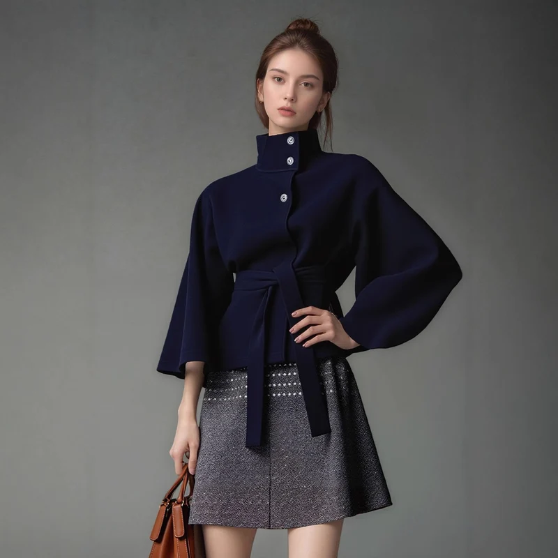 Damen Kurzcape-Jacke mit hohem Stehkragen, Bindegürtel und kastiger Silhouette Nord Taschen