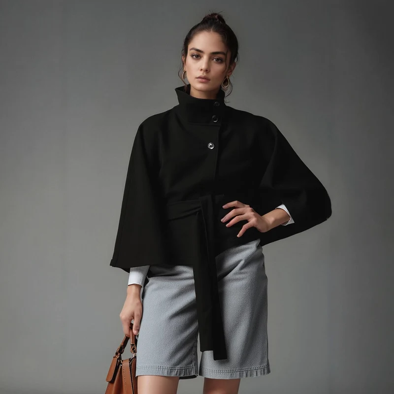 Damen Kurzcape-Jacke mit hohem Stehkragen, Bindegürtel und kastiger Silhouette Nord Taschen