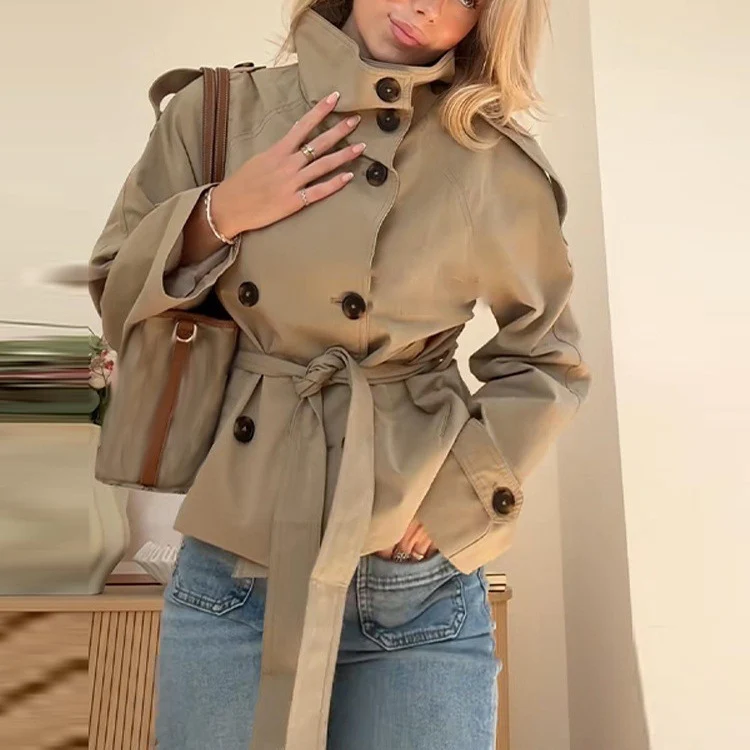 Damen Kurz geschnittener Trench‑Cape mit abnehmbaren Ärmeln, Stehkragen und Doppelreiher Nord Taschen