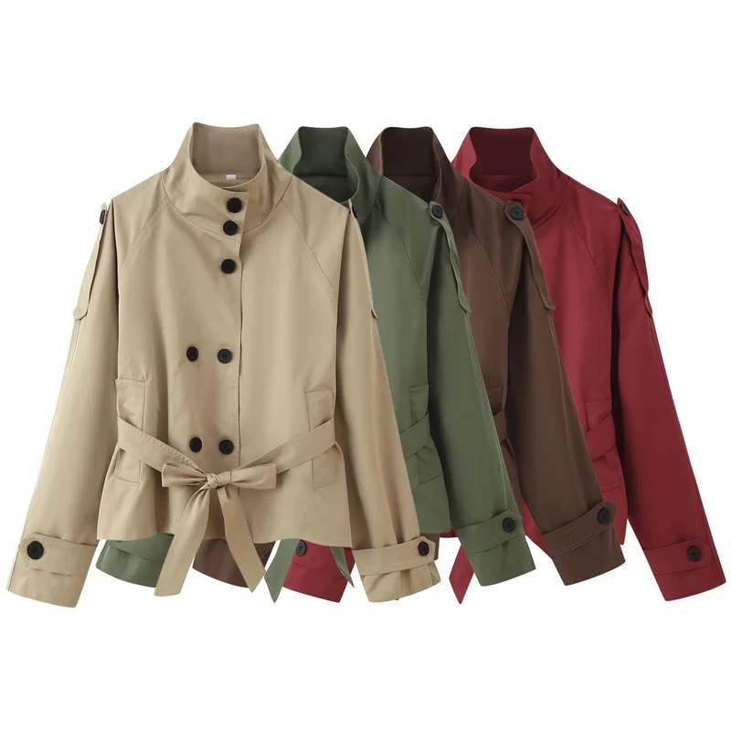 Damen Kurz geschnittener Trench‑Cape mit abnehmbaren Ärmeln, Stehkragen und Doppelreiher Nord Taschen
