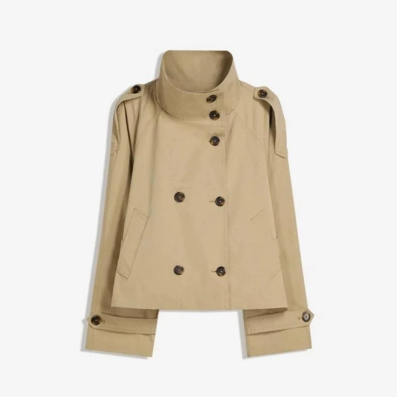 Damen Kurz geschnittener Trench‑Cape mit abnehmbaren Ärmeln, Stehkragen und Doppelreiher Nord Taschen
