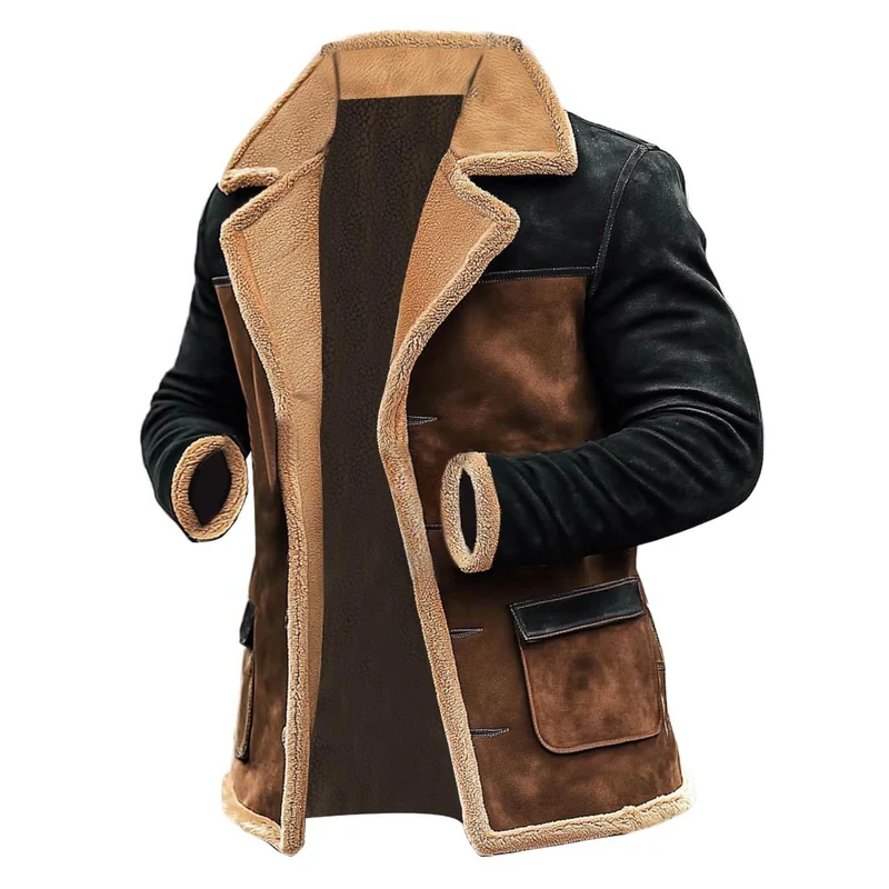 Herren Langer Kunstlammfell-Mantel mit Schalkragen, Kontrastärmeln und Pattentaschen Nord Taschen