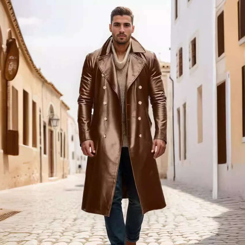 Herren Langer glänzender Kunstleder-Trenchcoat mit Doppelreiher und markantem Revers Nord Taschen