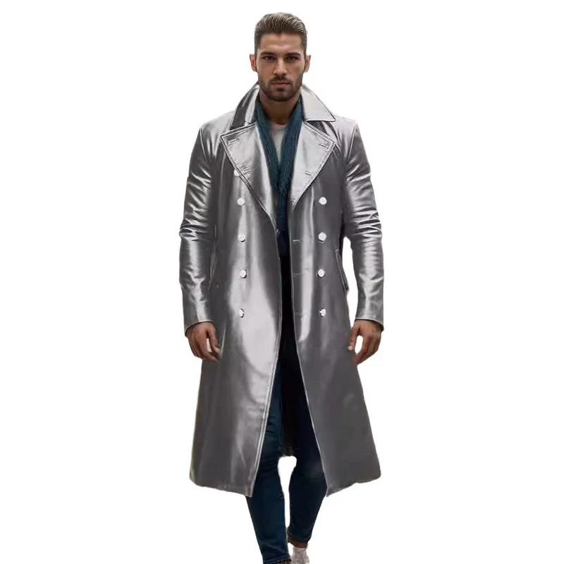 Herren Langer glänzender Kunstleder-Trenchcoat mit Doppelreiher und markantem Revers Nord Taschen