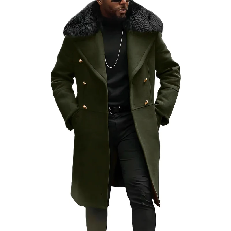 Herren Langer Doppelreihiger Mantel mit voluminösem Teddykragen und eleganten Metallknöpfen Nord Taschen