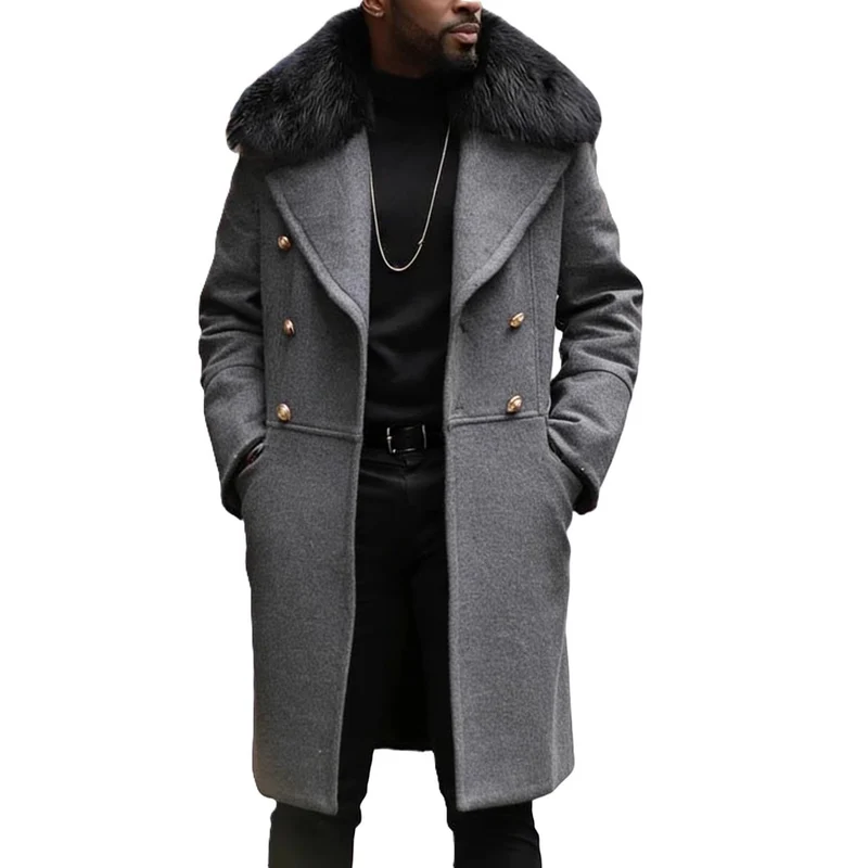 Herren Langer Doppelreihiger Mantel mit voluminösem Teddykragen und eleganten Metallknöpfen Nord Taschen