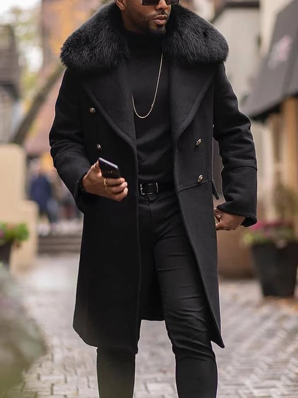 Herren Langer Doppelreihiger Mantel mit voluminösem Teddykragen und eleganten Metallknöpfen Nord Taschen