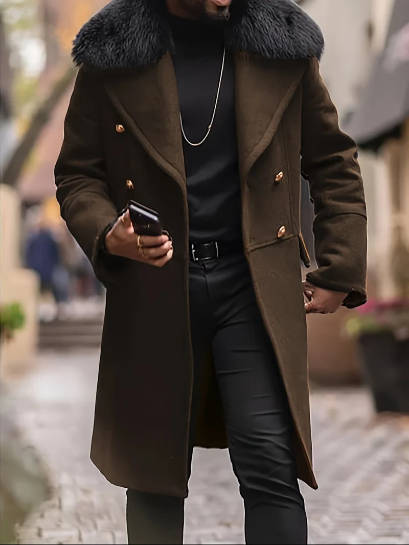 Herren Langer Doppelreihiger Mantel mit voluminösem Teddykragen und eleganten Metallknöpfen Nord Taschen