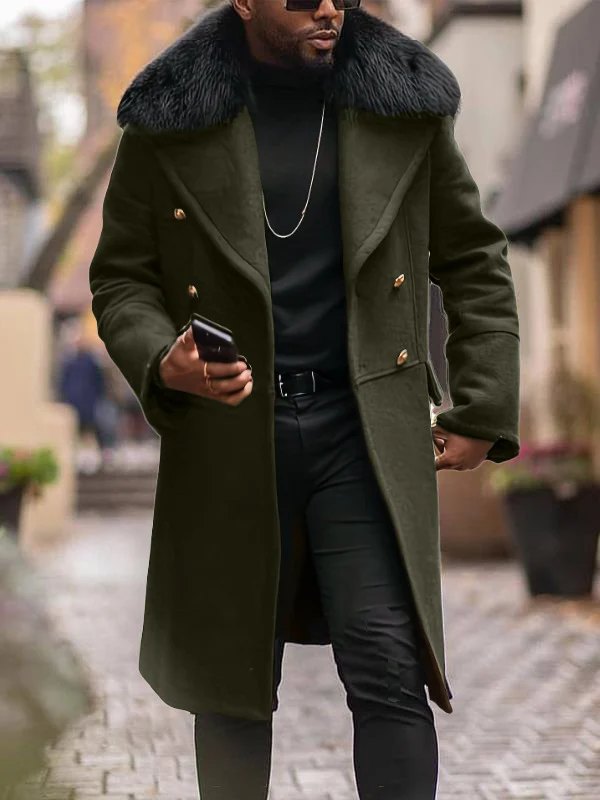 Herren Langer Doppelreihiger Mantel mit voluminösem Teddykragen und eleganten Metallknöpfen Nord Taschen