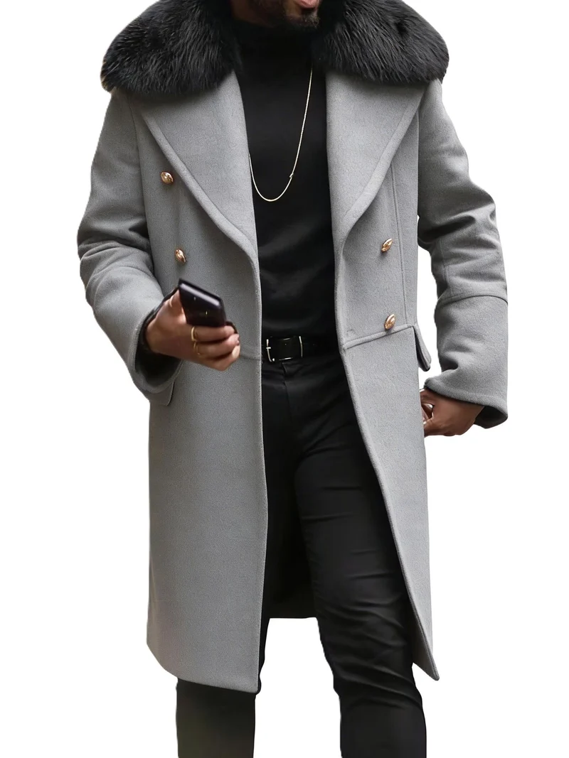 Herren Langer Doppelreihiger Mantel mit voluminösem Teddykragen und eleganten Metallknöpfen Nord Taschen