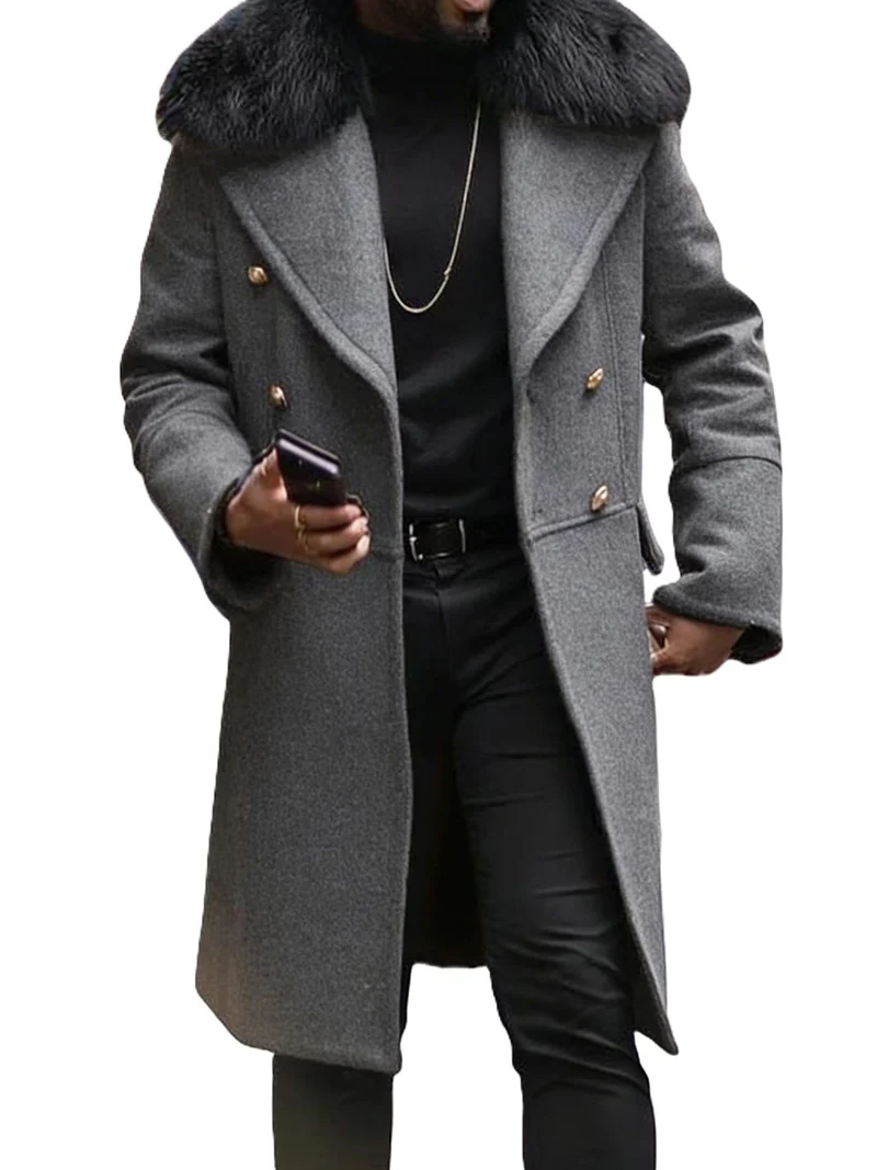 Herren Langer Doppelreihiger Mantel mit voluminösem Teddykragen und eleganten Metallknöpfen Nord Taschen