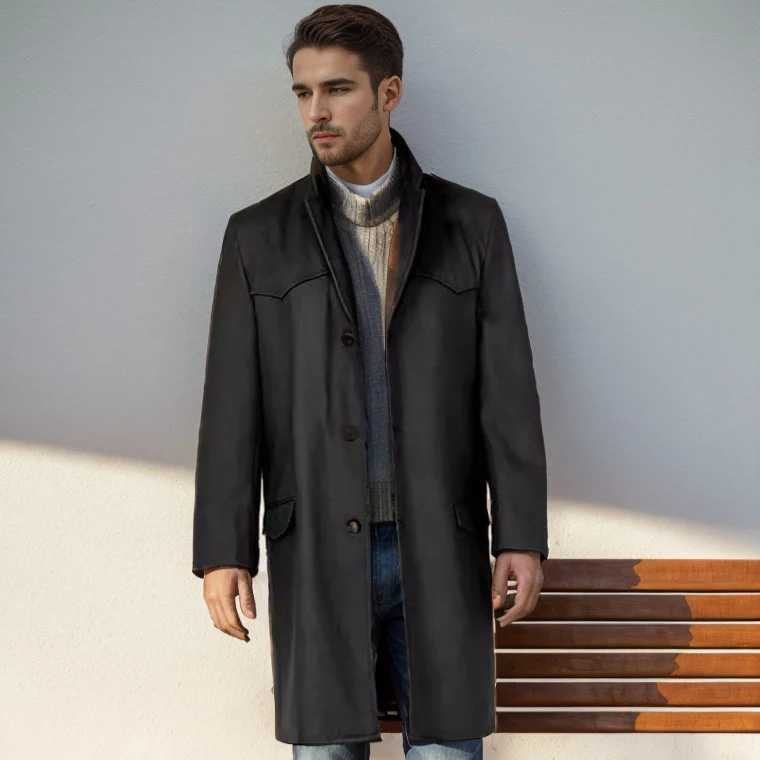 Herren Lang geschnittener Wollmantel mit Westernpasse und Pattentaschen Nord Taschen