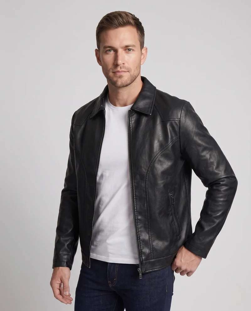 Herren Glattleder-Look Blouson mit voller Teddy-Fütterung und verdecktem Reißverschluss Nord Taschen
