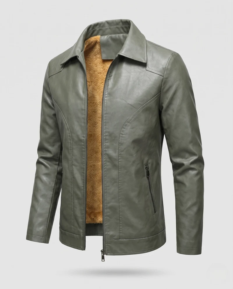 Herren Glattleder-Look Blouson mit voller Teddy-Fütterung und verdecktem Reißverschluss Nord Taschen