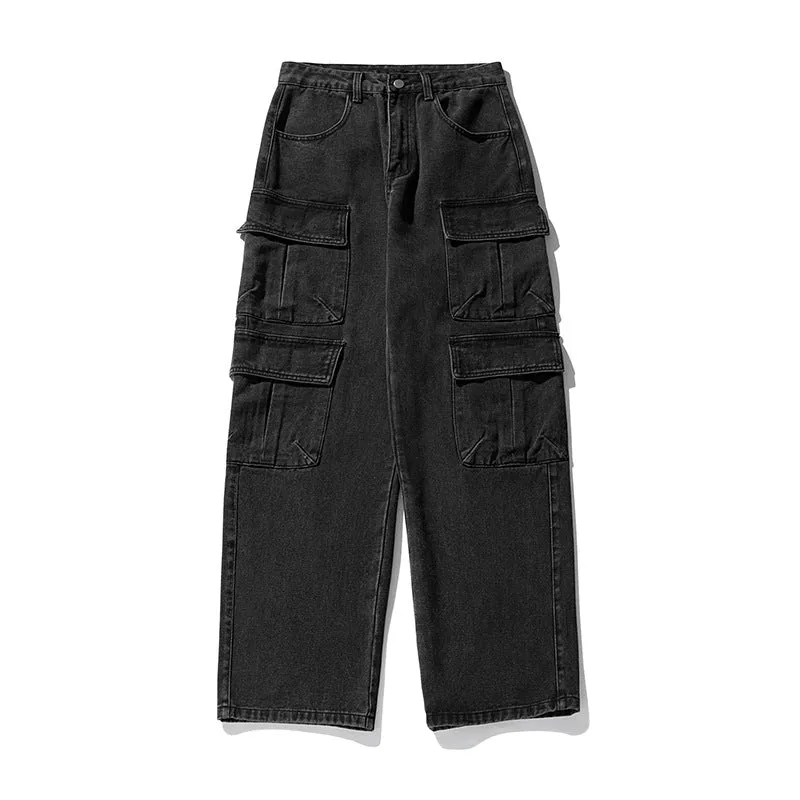 Unisex weite Cargo-Jeanshose mit hoher Taille, mehreren Klappentaschen und geradem Bein Nord Taschen