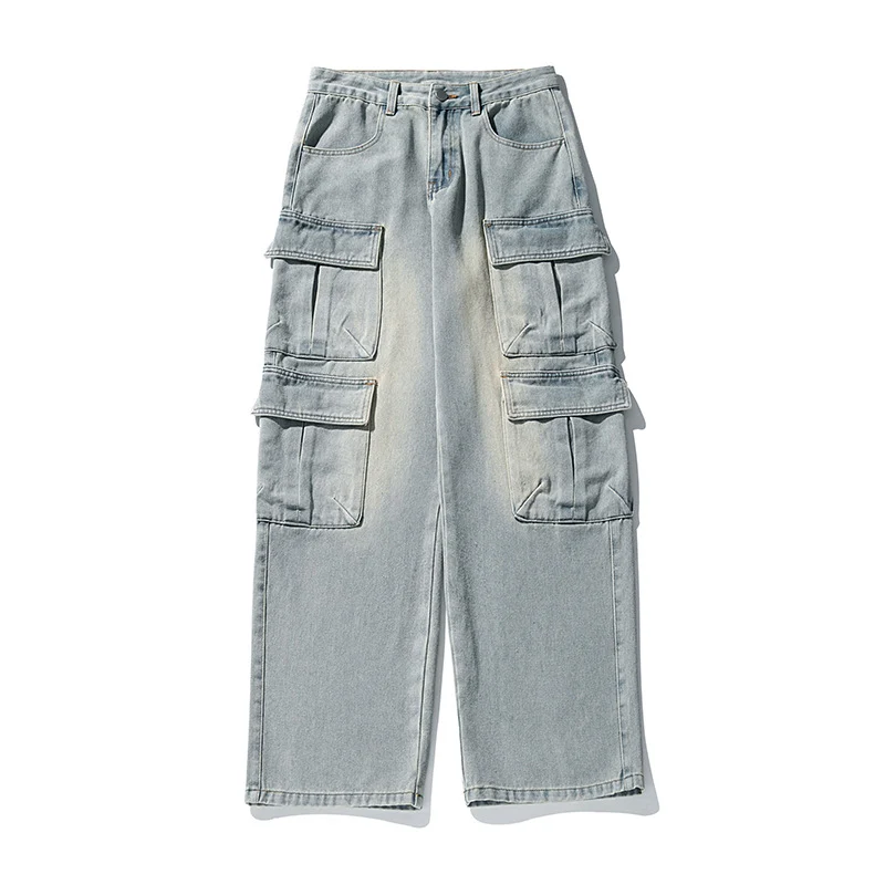 Unisex weite Cargo-Jeanshose mit hoher Taille, mehreren Klappentaschen und geradem Bein Nord Taschen
