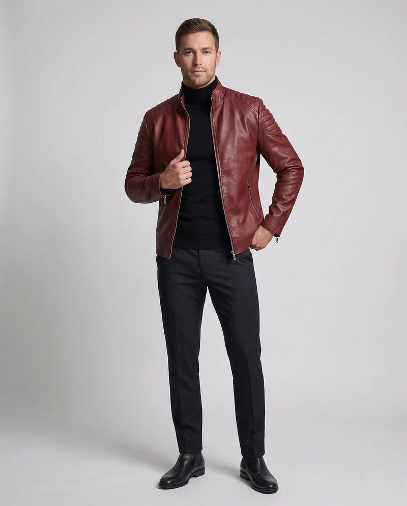 Herren Modische Kunstlederjacke mit Steppmuster Nord Taschen