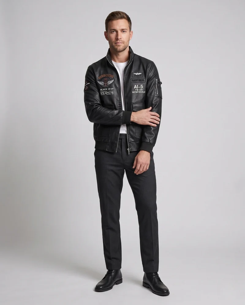 Herren Modische Kunstlederjacke mit Stickereien Nord Taschen