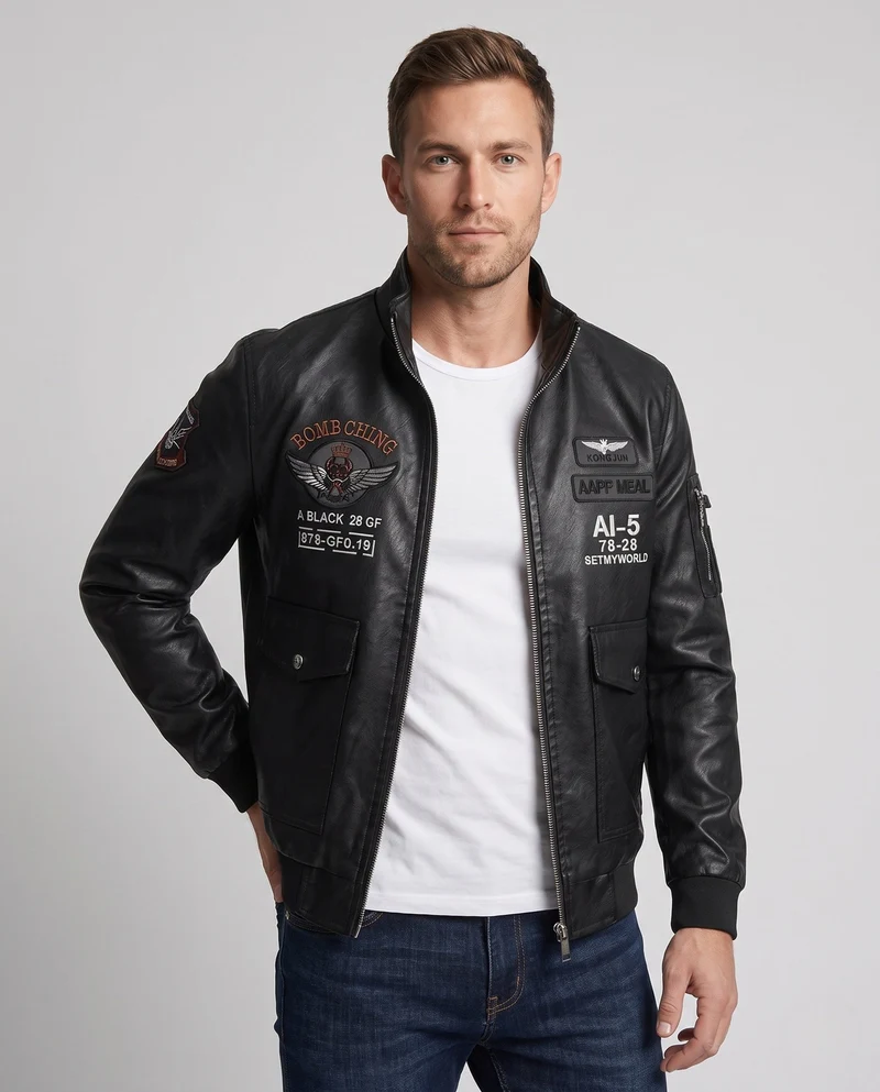 Herren Modische Kunstlederjacke mit Stickereien Nord Taschen