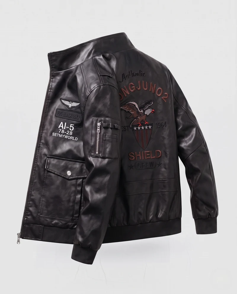 Herren Modische Kunstlederjacke mit Stickereien Nord Taschen