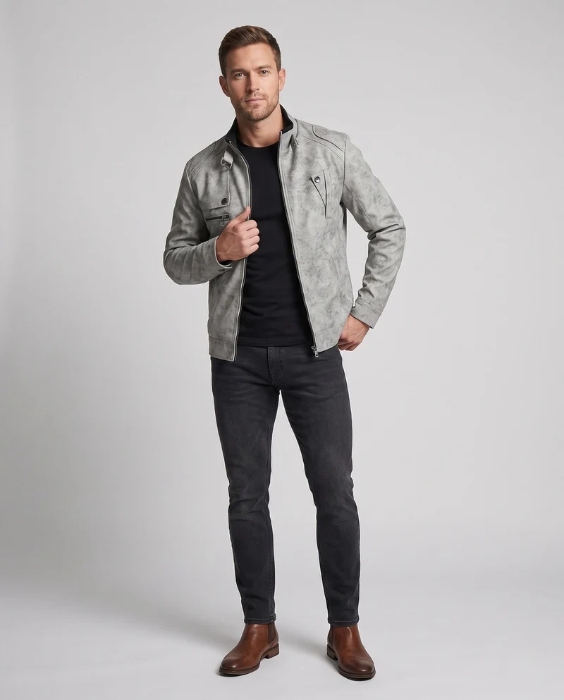 Herren Modische Lederjacke mit Stehkragen Nord Taschen