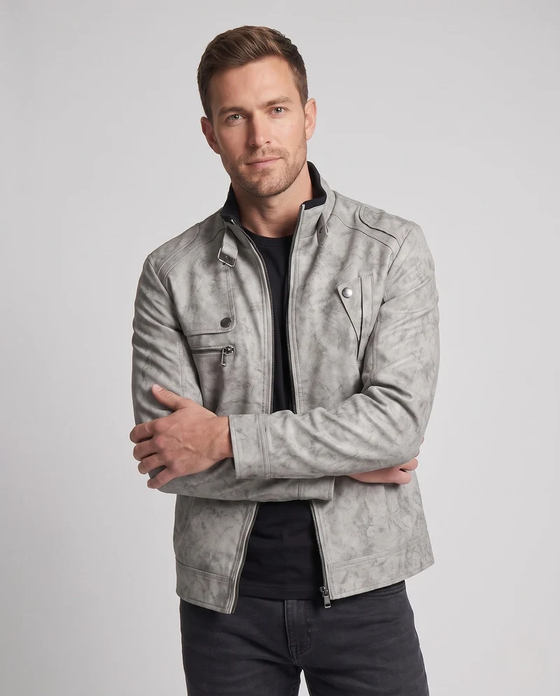 Herren Modische Lederjacke mit Stehkragen Nord Taschen