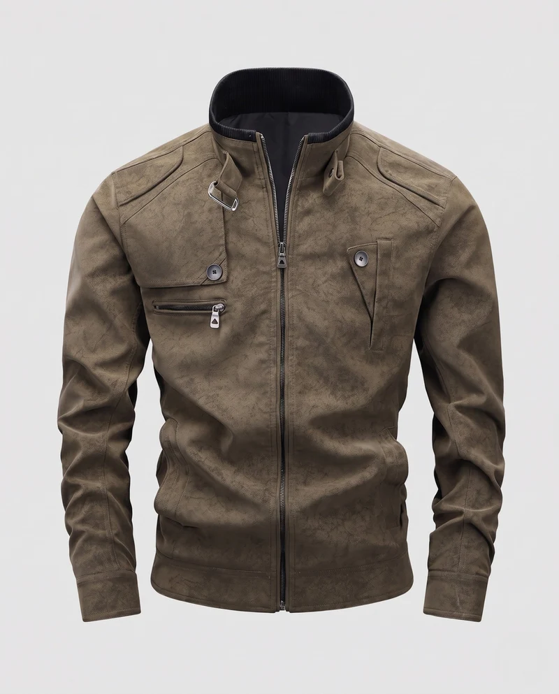 Herren Modische Lederjacke mit Stehkragen Nord Taschen