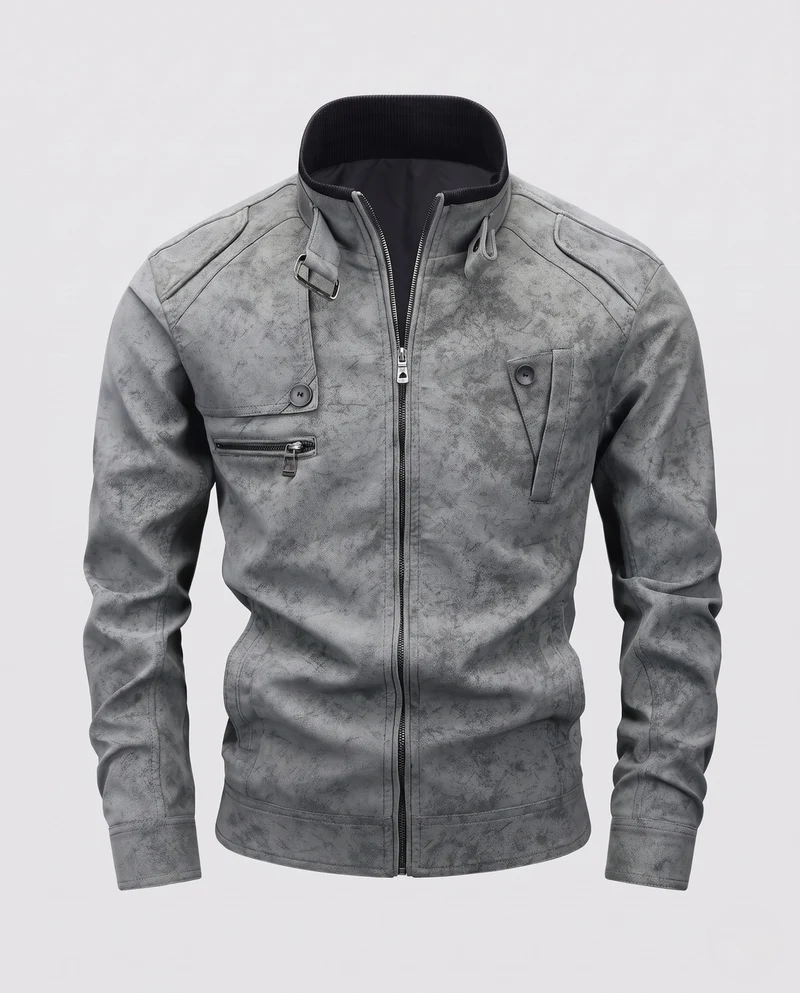 Herren Modische Lederjacke mit Stehkragen Nord Taschen