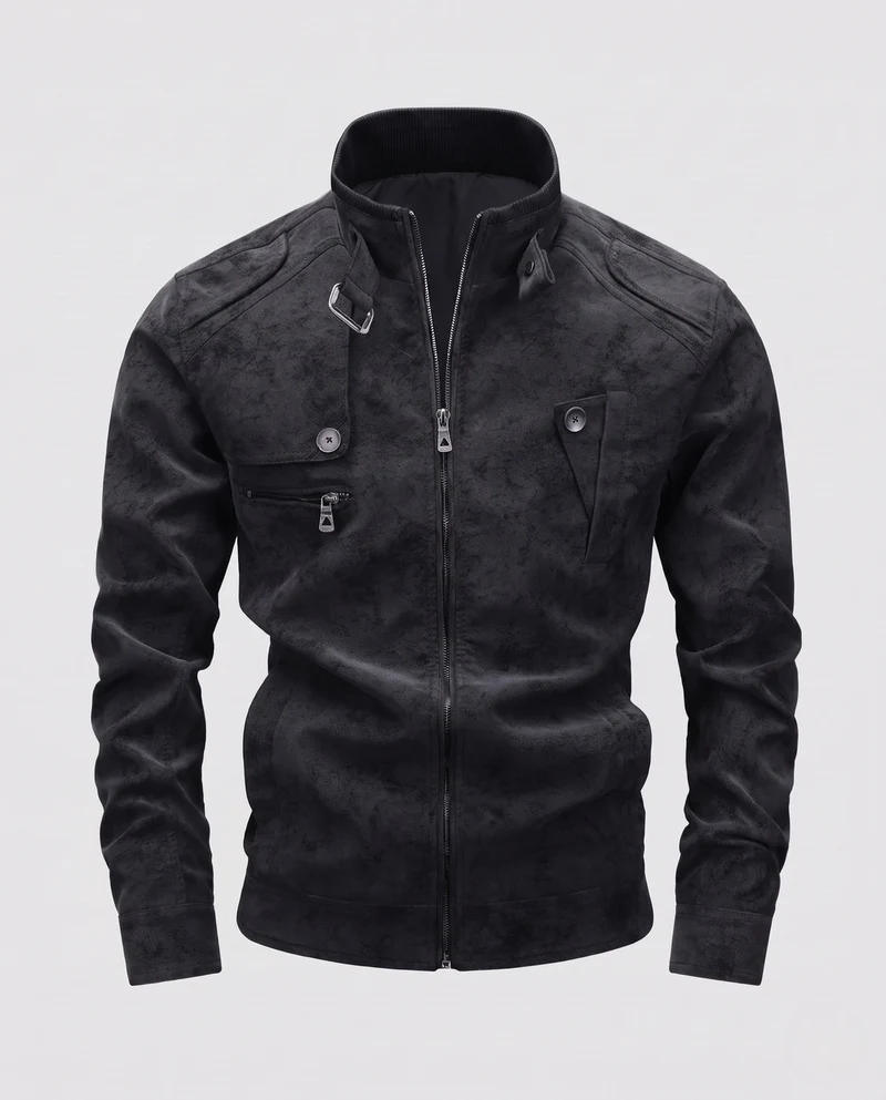 Herren Modische Lederjacke mit Stehkragen Nord Taschen