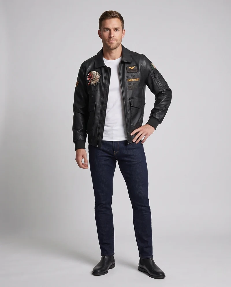 Herren Modische Lederjacke mit Stickereien Nord Taschen