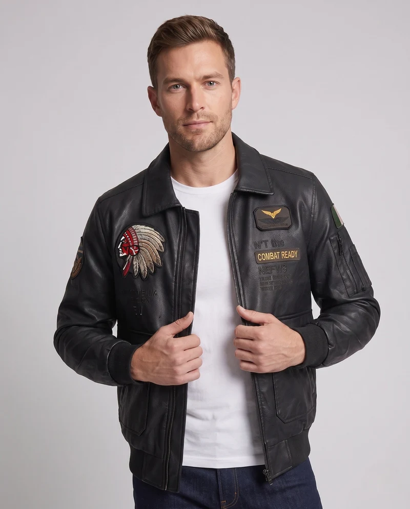 Herren Modische Lederjacke mit Stickereien Nord Taschen