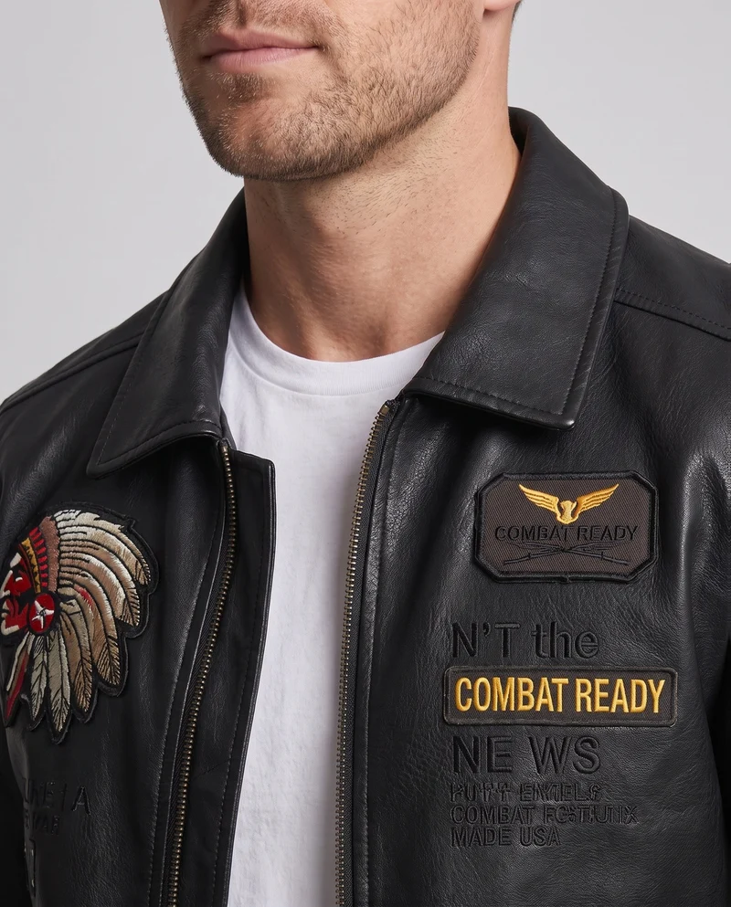 Herren Modische Lederjacke mit Stickereien Nord Taschen