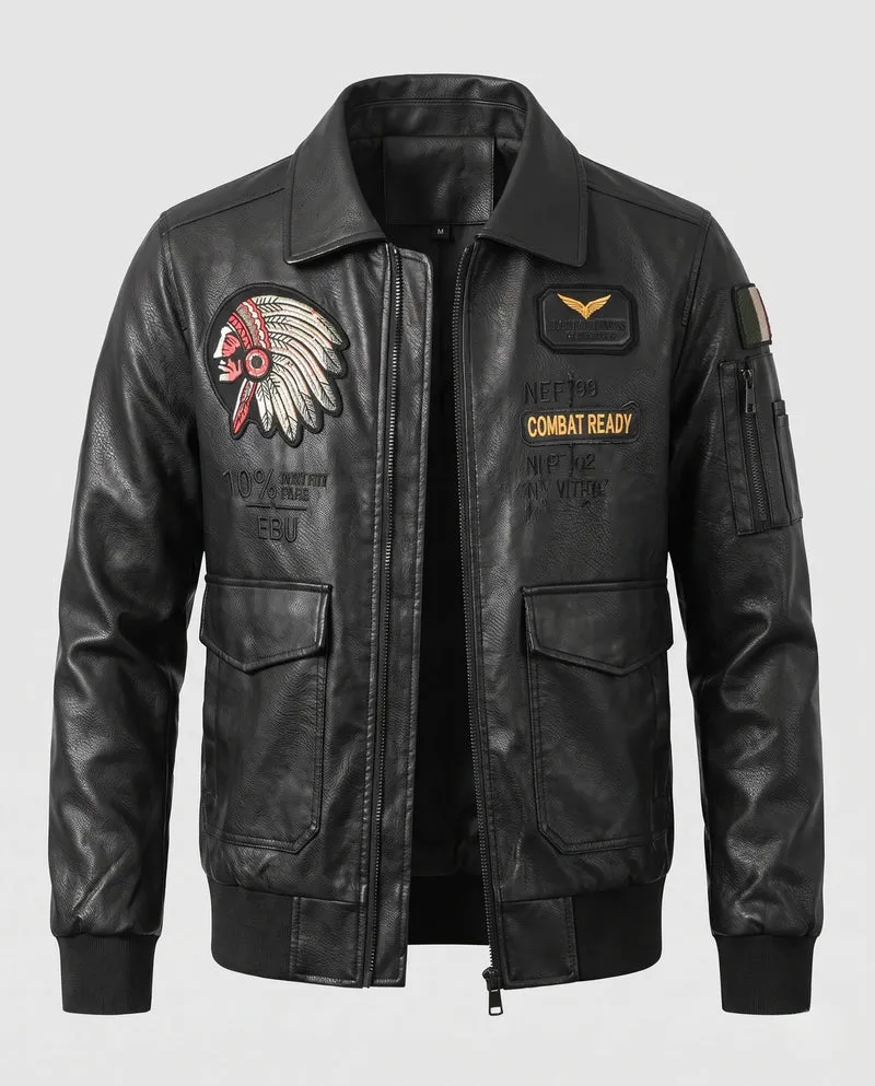 Herren Modische Lederjacke mit Stickereien Nord Taschen