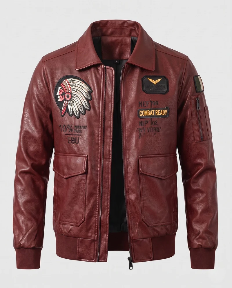 Herren Modische Lederjacke mit Stickereien Nord Taschen