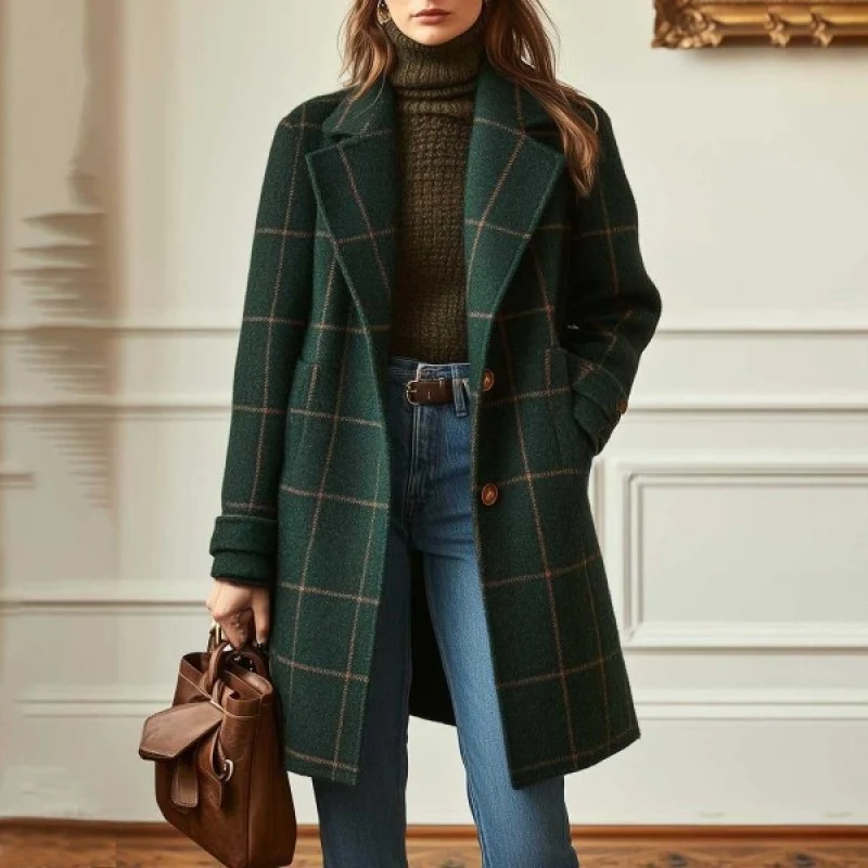 Damen Karierter Wollmix-Mantel mit Oversize-Schulter und klassischem Revers Nord Taschen